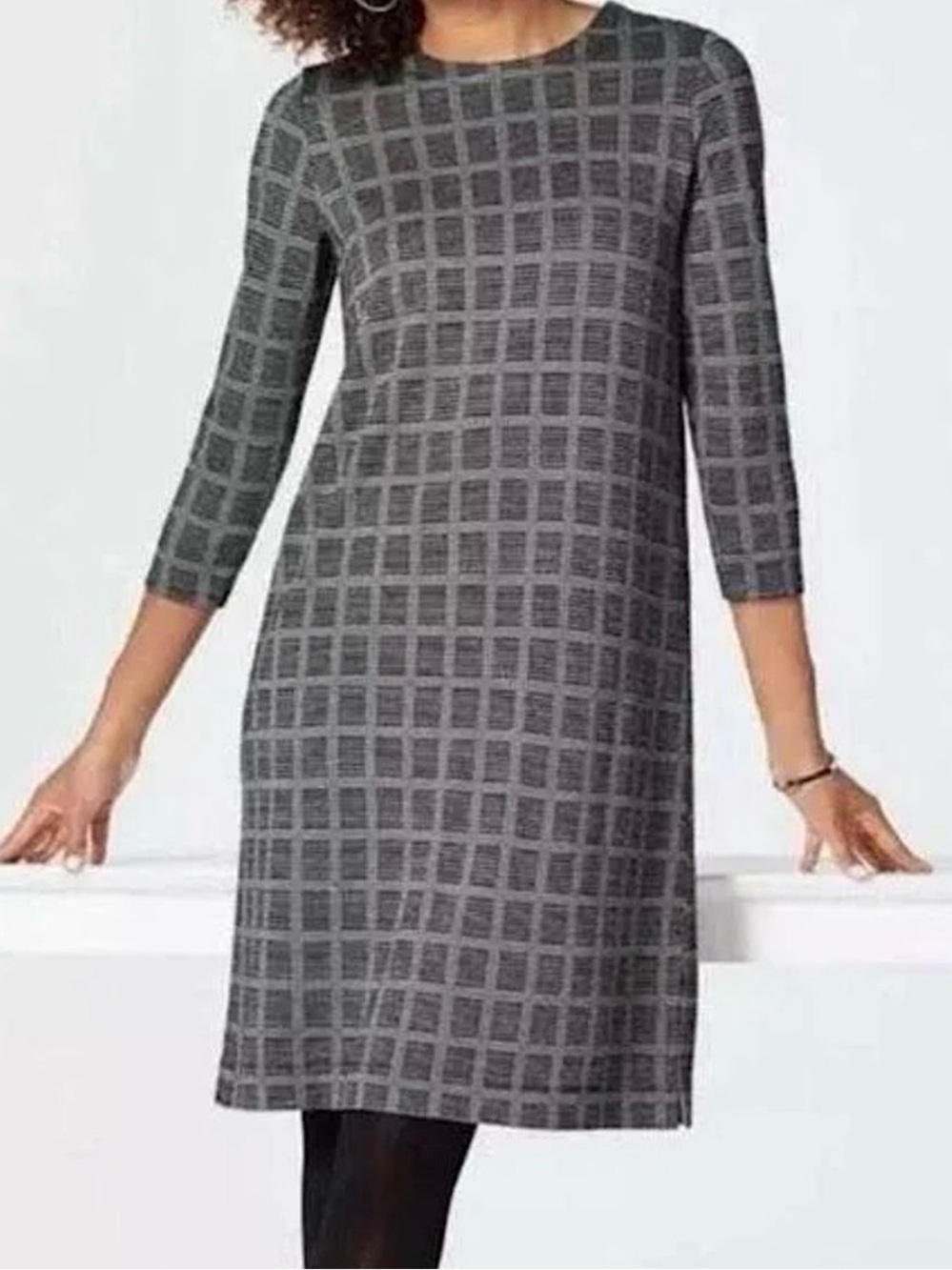 J. Jill Black and Gray Checked Knit 3/4 Sleeve Shift Dress-Size L